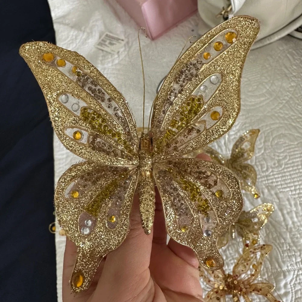 Sparkling‎ Gold Butterfly Embellishments Clip On Set of 5 Holiday Decor Accents